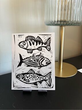 Handmade Linocut Card - Three Fish